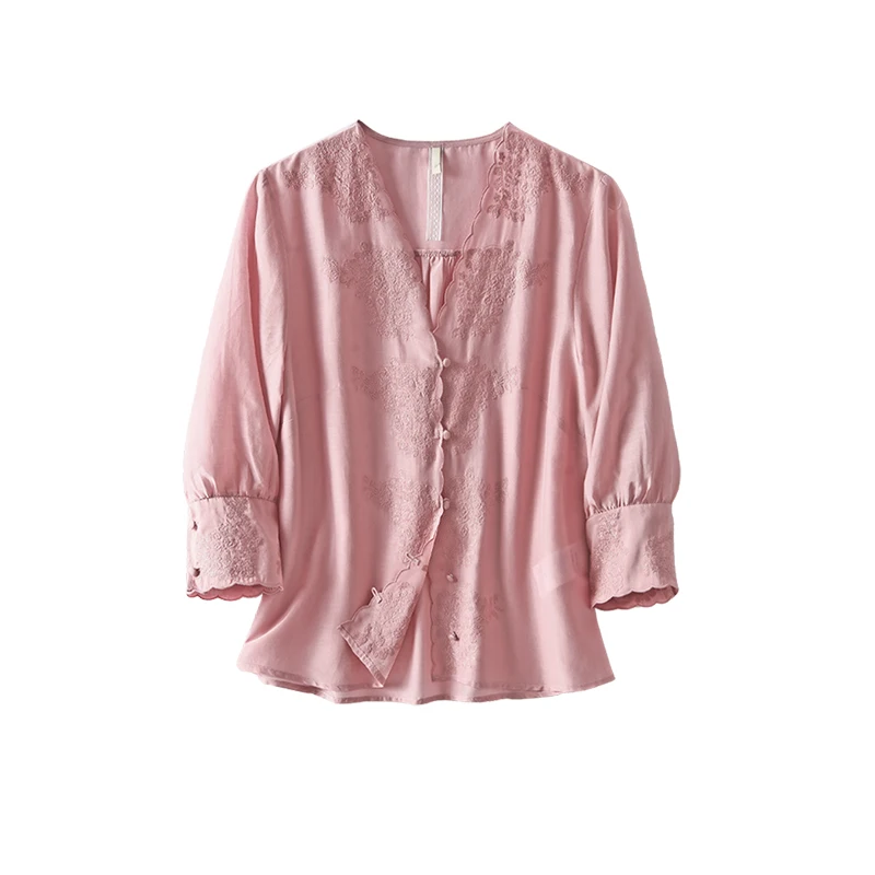 

SHUCHAN 70% Cotton and 30% Silk Womens Shirts V-Neck Three Quarter Sleeve Embroidery Prairie Chic Ladies Tops Floral