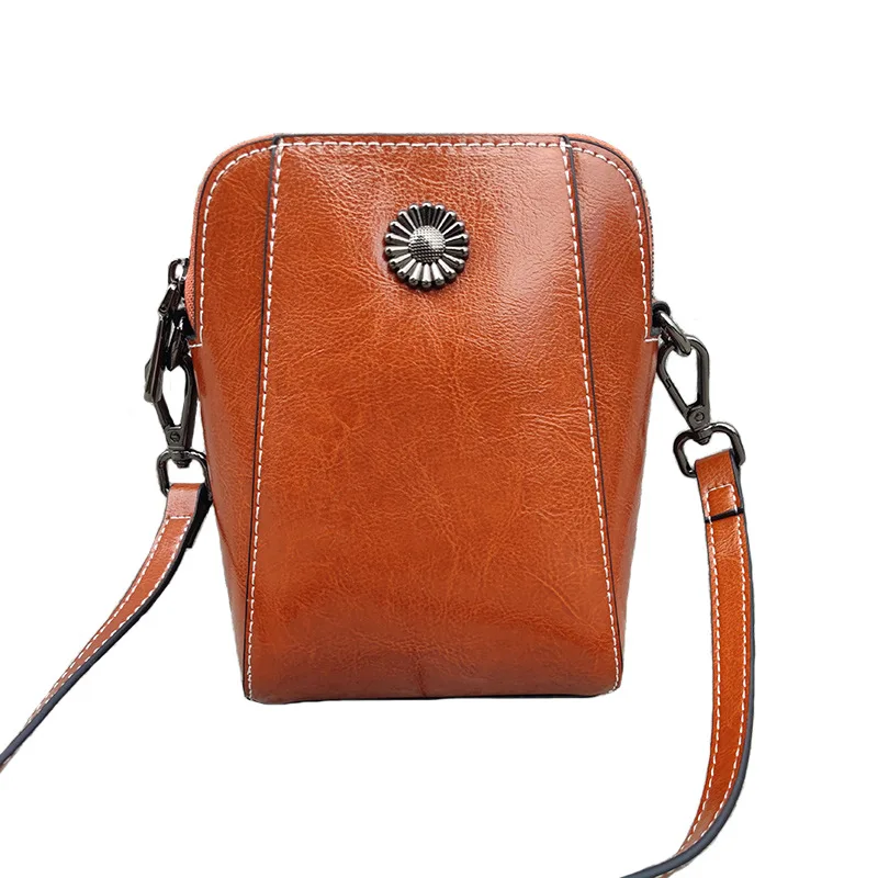 

Fashion mobile bag 2021 women's real leather bag leisure One Shoulder Messenger Bag literature and art RETRO women's bag