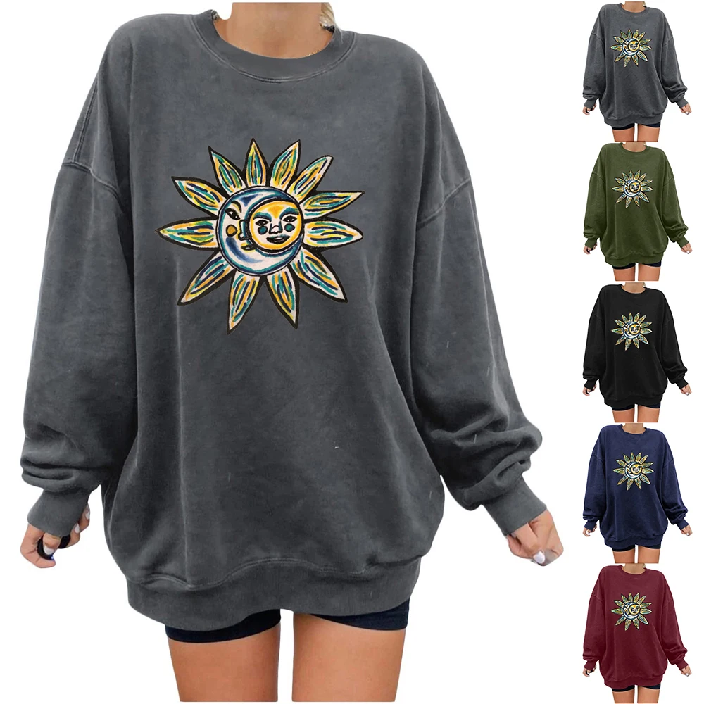 

Women Printing Crew Neck Pullover Loose Baggy Tops Ladies Autumn Casual Jumper Long Sleeves Outwearing Printed Wear Clothes