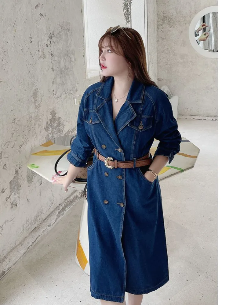 

IEQJ Women Blue Double Breasted Temperament Plus Size Denim Belt Dress New Lapel Long Sleeve Loose Fashion Spring Autumn 2021