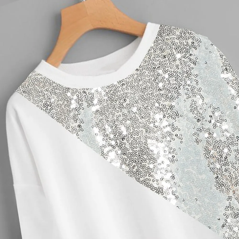 Модная зимняя женская блузка 2019 с блестками цветным блоком круглым вырезом