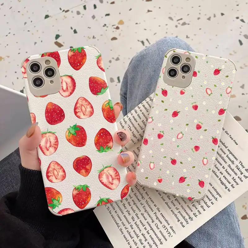 

Cute Strawberry Cherry Phone Case Lambskin Leather For iphone 12 11 8 7 6 XR X XS PLUS MINI PLUS PRO MAX Shockproof