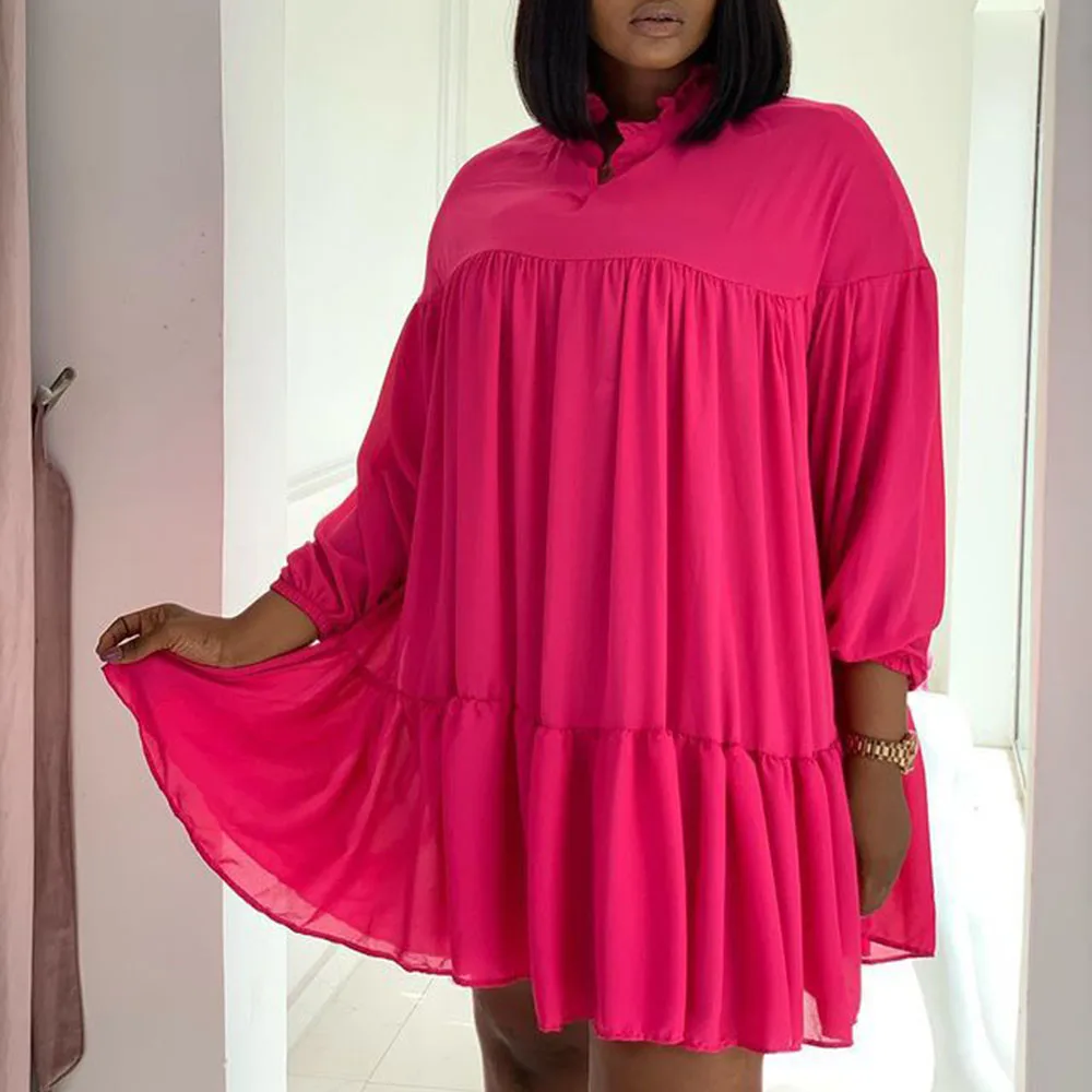 

African Western Style Mid-length Solid Color Fashion Loose Casual Women's Dress 2021 Spring Summer New Long Sleeve V-neck