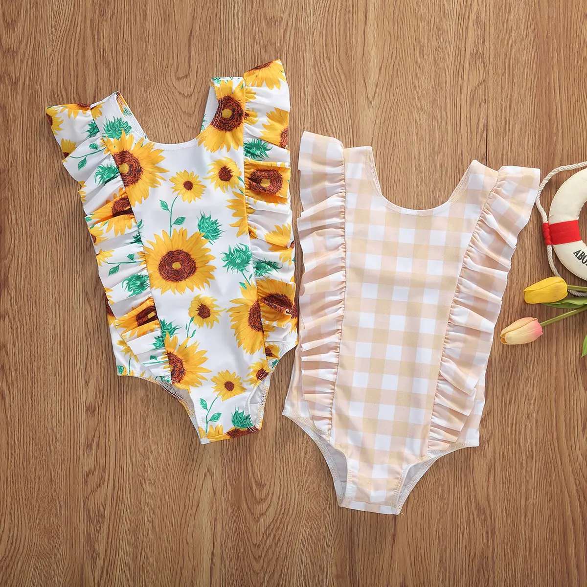 2020 Newest Hot Summer Swimsuit 0-5Y Infant Baby Girls One Piece Bikini Ruffles Sleeve Sunflowers Plaid Print Jumpsuits Swimwear | Детская