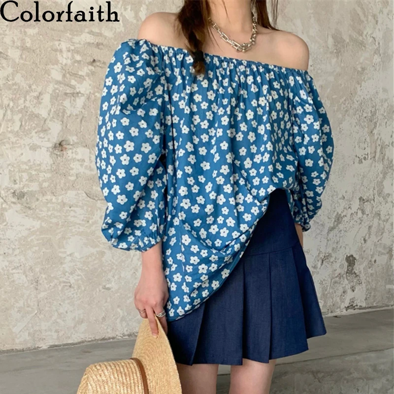 

Colorfaith New 2021 Summer Autunm Women's Blouse Shirts Slash Neck Floral Bare Shoulder Sweet Oversize Korean Vintage Top BL1741
