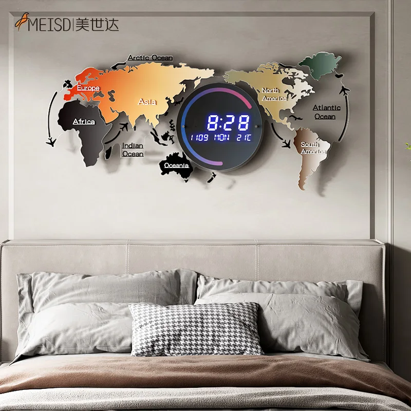 MEISD-Reloj de pared Digital con mapa del mundo electr&oacute;nico, reloj inteligente decorativo grande con calendario, term&oacute;metro, decoraci&oacute;n del hogar, Horloge azul F-1