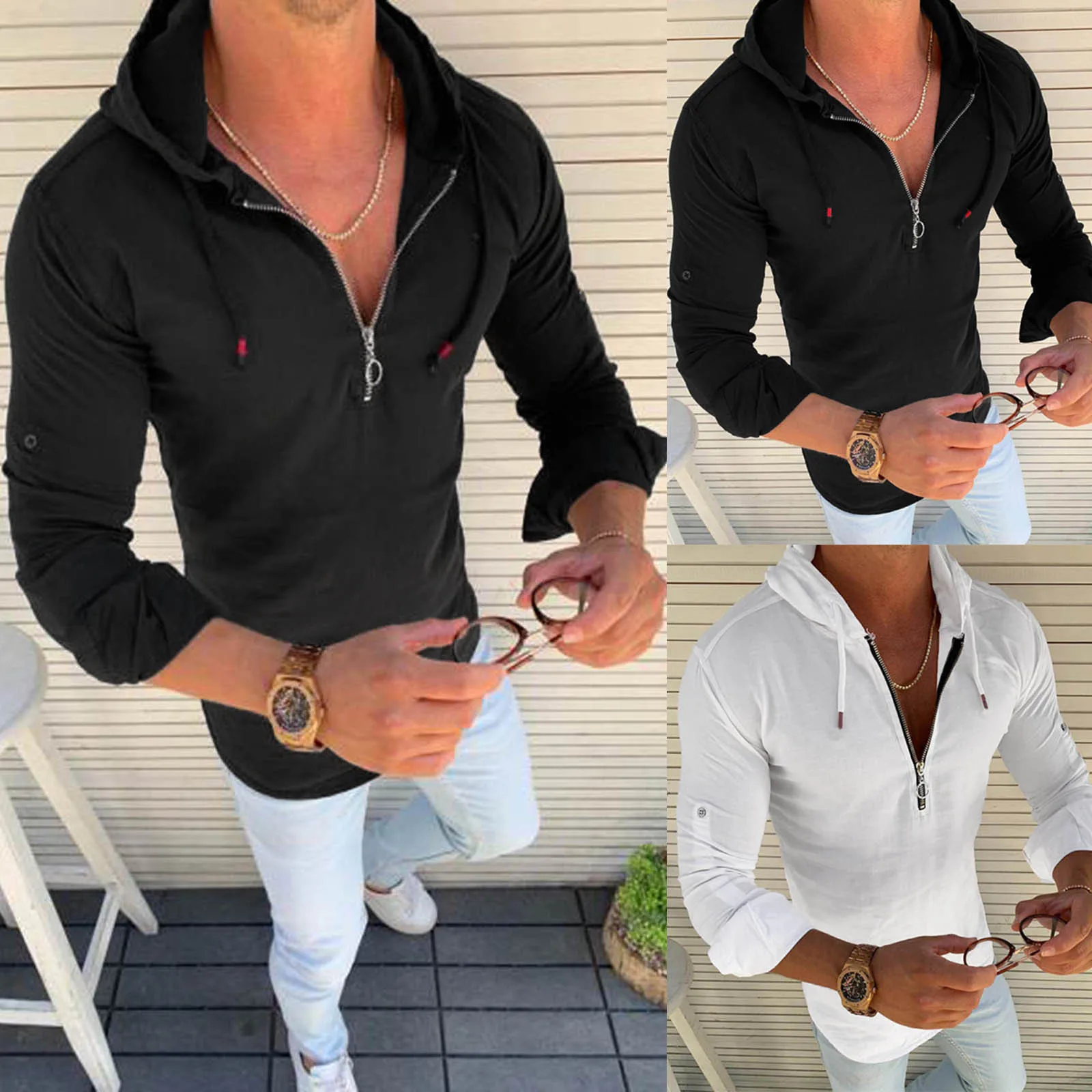 Толстовки для мужчин осень зима с капюшоном на молнии длинными рукавами футболка