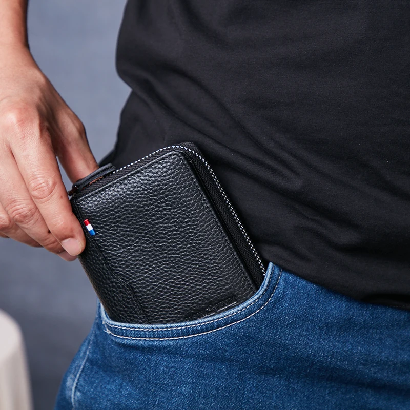 Мужской кошелек BISON DENIM из натуральной кожи на молнии с Rfid блокировкой короткий