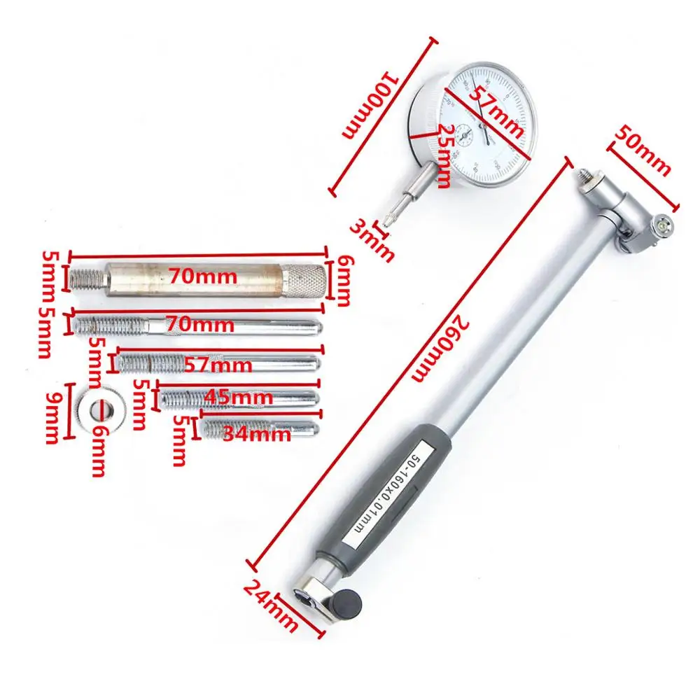 Точный индикатор с циферблатом для измерения диаметра цилиндра двигателя 0,01 мм, микрометр 50-160 мм, набор измерительных инструментов для тестирования.