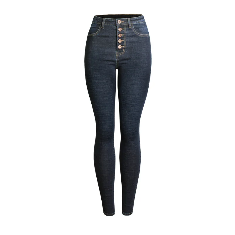 

Women Cotton High Waist Skinny Push Up Jeans Stretch Slim Pencil Denim Pants Single Fashion Breasted Thick Elastic Jean Trousers