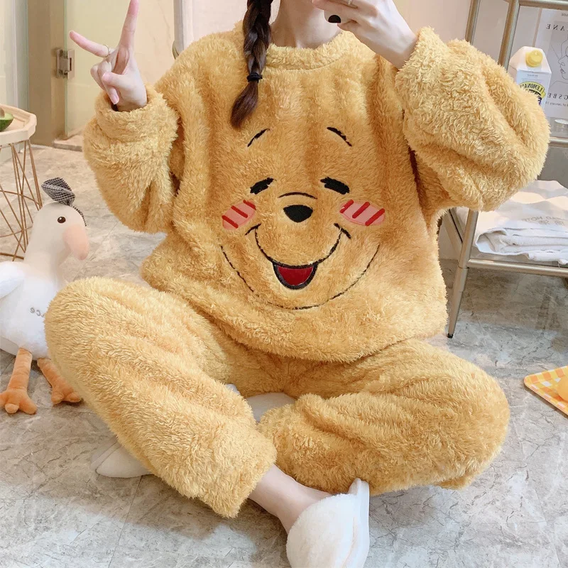 

Disney Pooh Pajamas Fall and Winter Flannel Pajamas Women Casual Thick Plush Loose Large Size Coral Fleece Home Service Suit