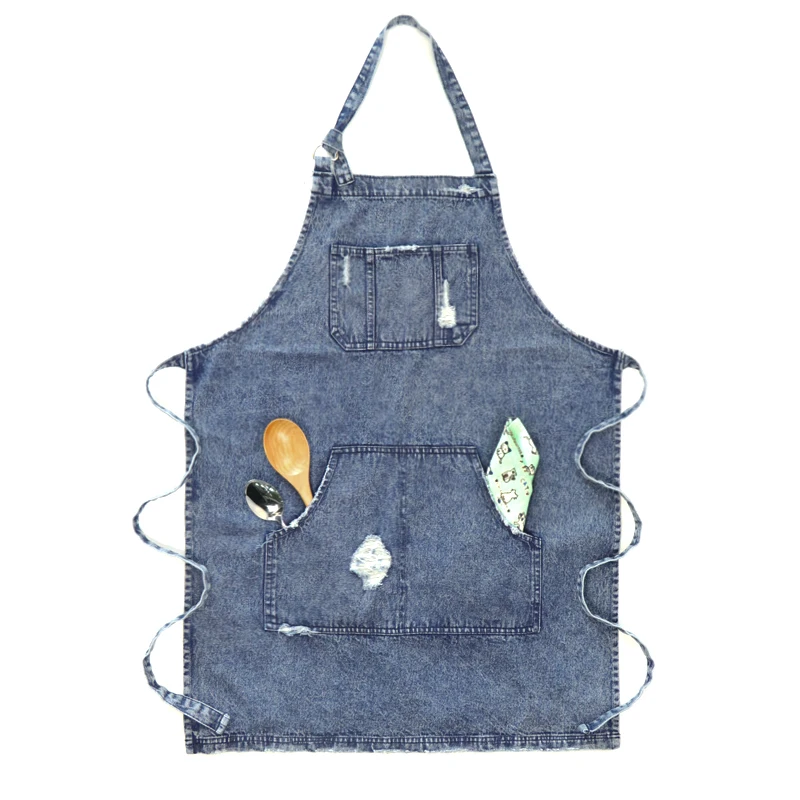 Модный Индивидуальный рваный джинсовый Рабочий Фартук для женщин мужчин