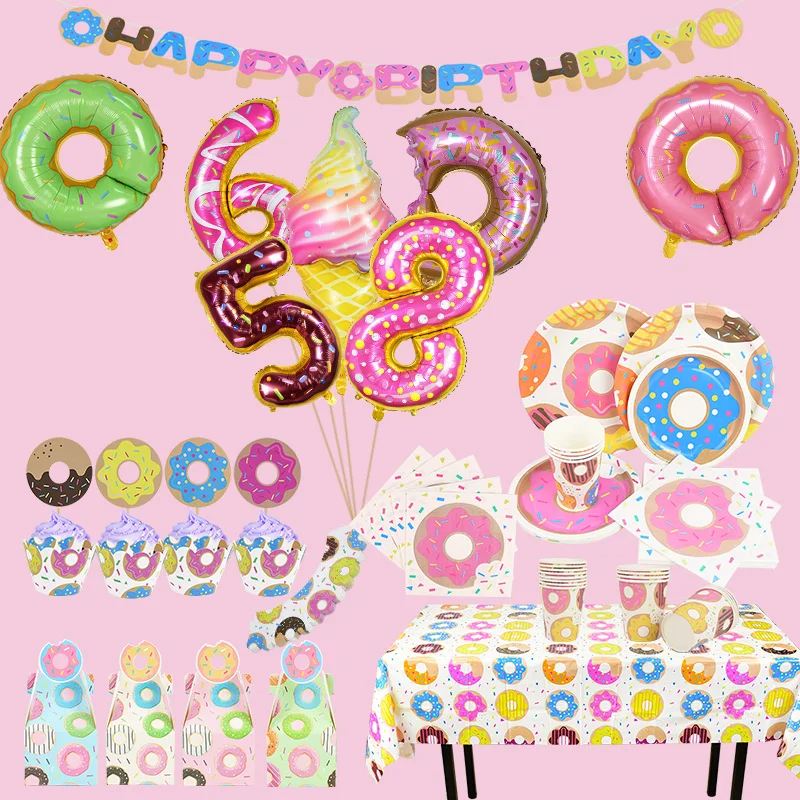 

1-20pcs Donut Party Supplies Doughnut Banner Paper Cup Napkin Plates Candy Dougt Balloon Happy Birthday Baby Shower Candy Party
