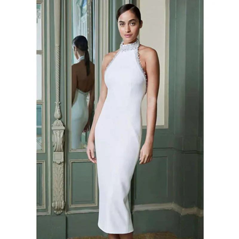 

White Backless Midi Sexy Backless Female Summer New For Women Halter Sleeveless High Waist Patchwork Pearl Slim Midi Dress