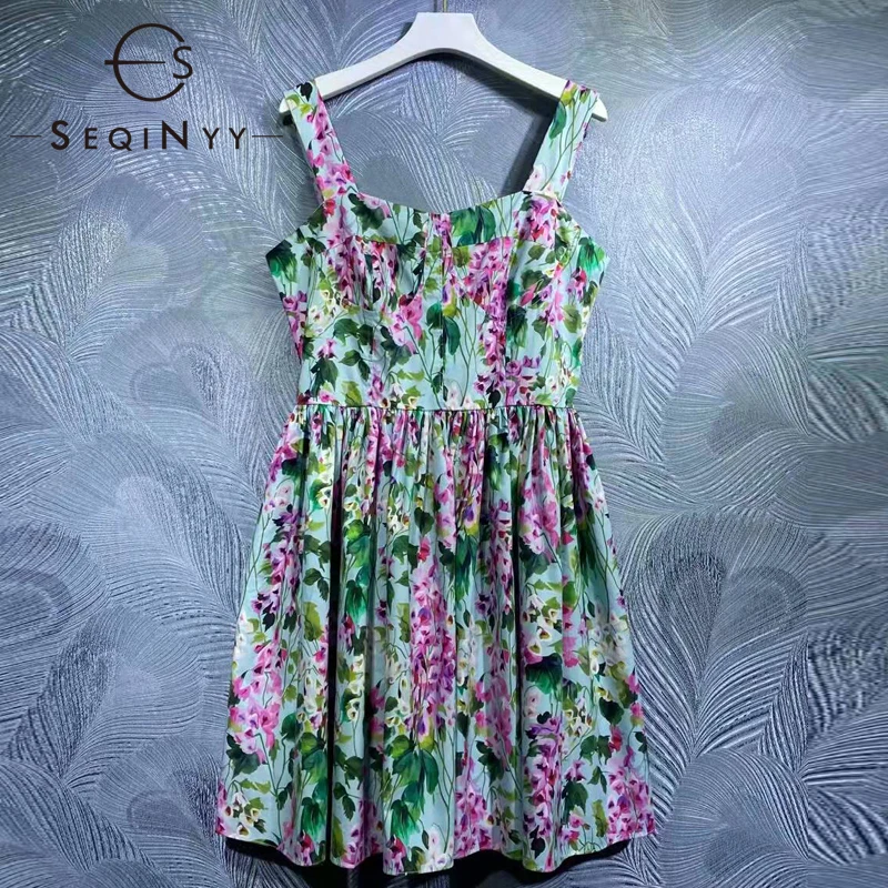 

SEQINYY 100% Cotton Dress Summer Spring New Fashion Design Women Runway High Quality Elastic Vintage Flowers Print Green Mini