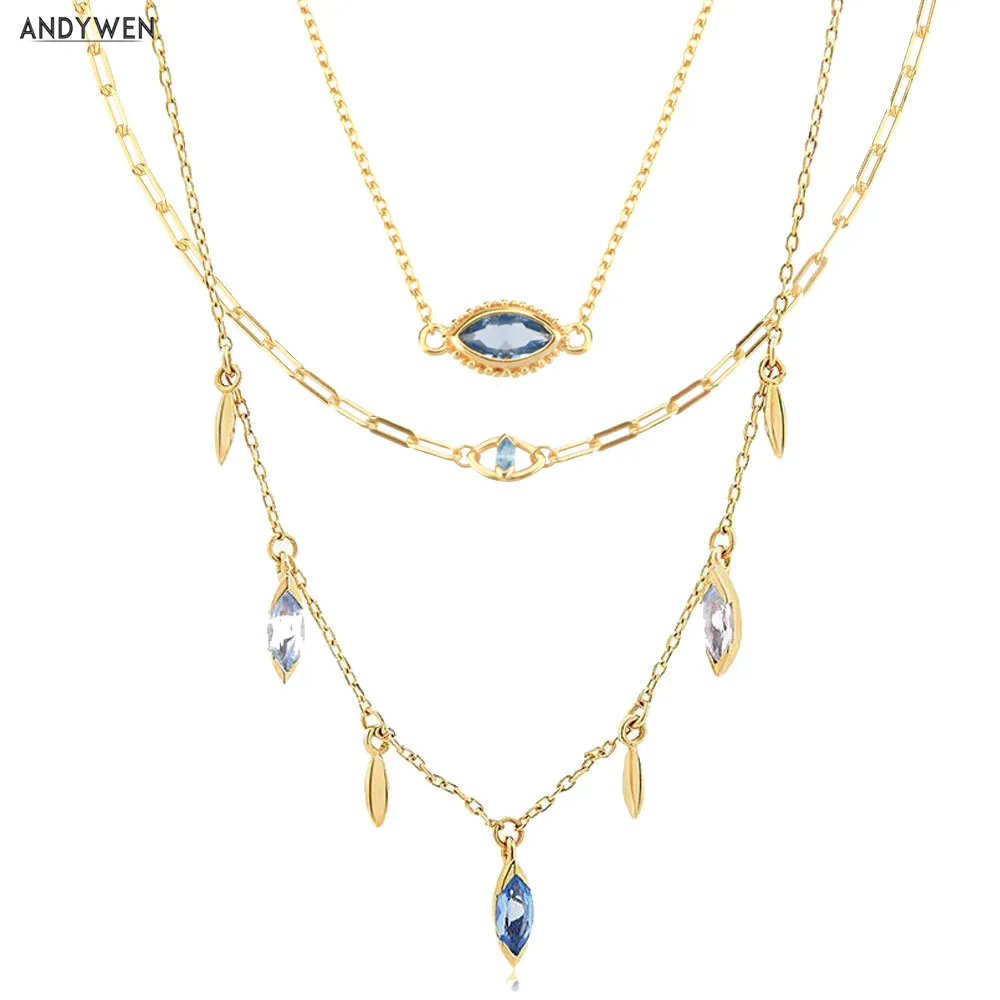 

ANDYWEN 925 Sterling Silver Gold Stacking Blue Zircon CZ Charm Wedding Necklace Choker Long Chain Luxury Jewelry Fine Jewels