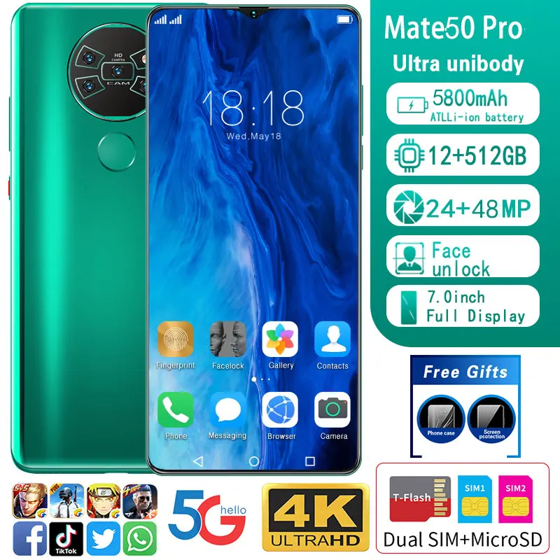 Новейшая модель Mate50pro 7.0HD полный Экран 10 ядерный 12 Гб + 512 распознавания лиц 5G пусть
