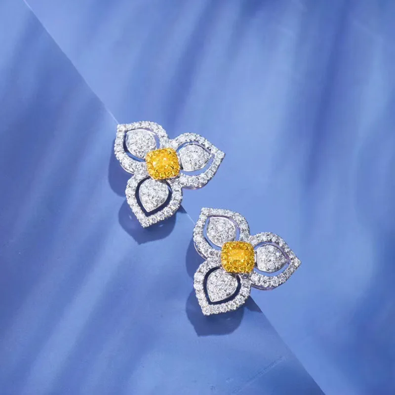 

925 Sterling Silver Korean Version Three-Flower Stud Earring Women's Luxury Yellow Crystal Earrings Temperament Wedding Jewelry