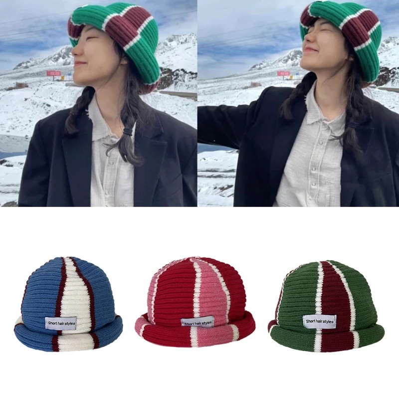 

Round Docker Beanie Striped Knitted Fisherman Hat Winter Warm for Men Women