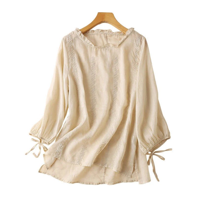 

New Arrival Spring Arts Style Women Long Sleeve Loose Tshirt Plus Size Vintage Embroidery Cotton Linen Tee Shirt Femme Tops D350