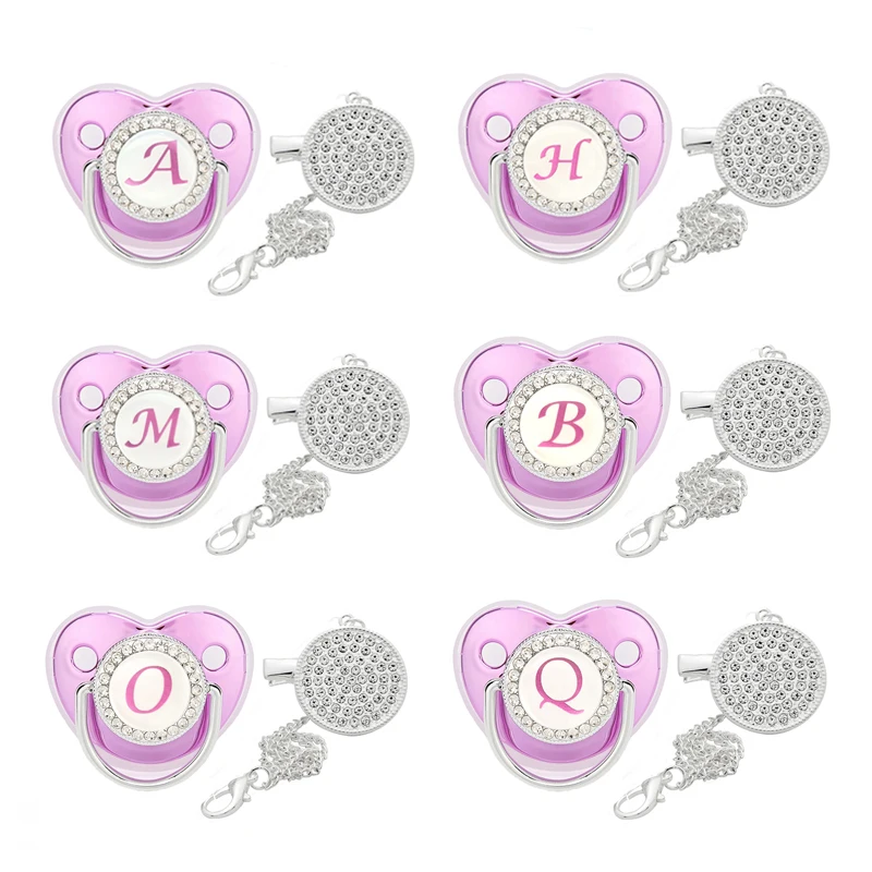 

Bling Purple Baby Pacifier 26 Letter Silicone Pacifiers with Rhinestone Pacifier Clip Infant Toddler Nipple