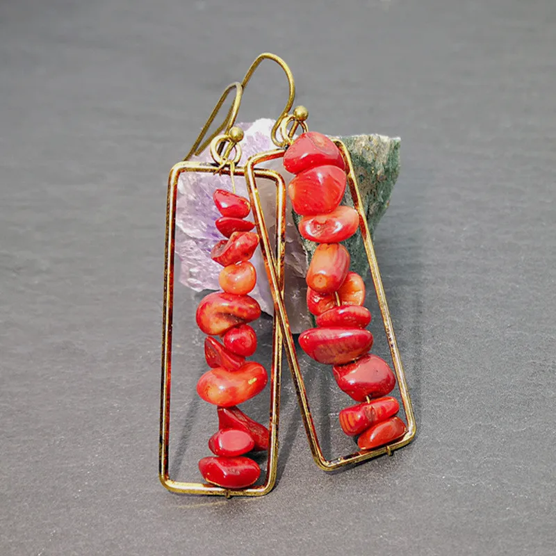 Женские богемные серьги-подвески длинные красные серьги с разноцветным камнем