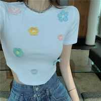 solid harajuku tees round collar trim short top embroidery three dimensional flower white t shirt female slim women tops 809e