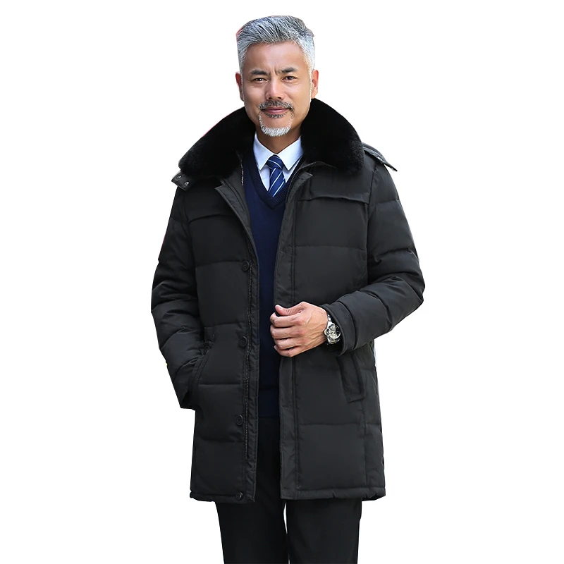 winter Down coat middle age men casual warm hooded down coats luxury high quality fur collar thick long down jacket men