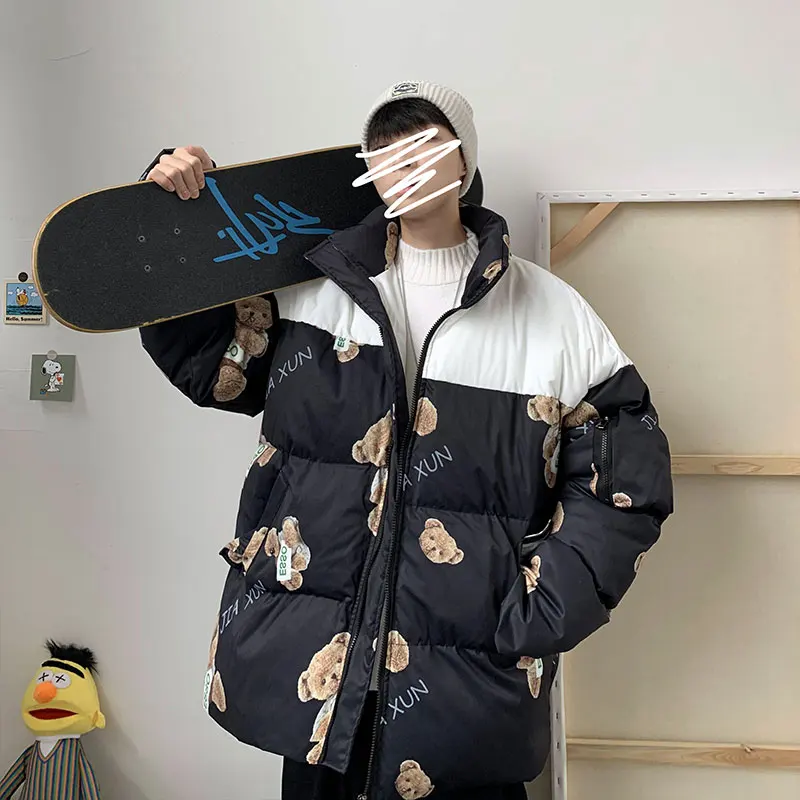 

2021 new fashion Hong Kong style winter tide bear print cartoon stand-up collar cotton clothing bread coat warm jacket QE825