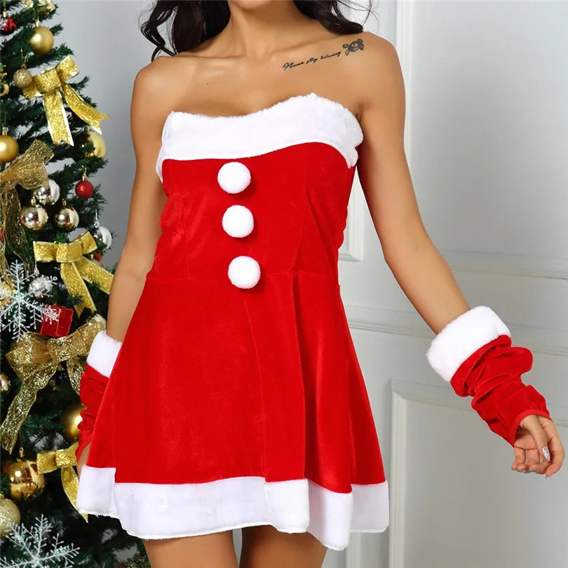 Модное женское рождественское платье перчатки шляпа фестиваль без бретелек