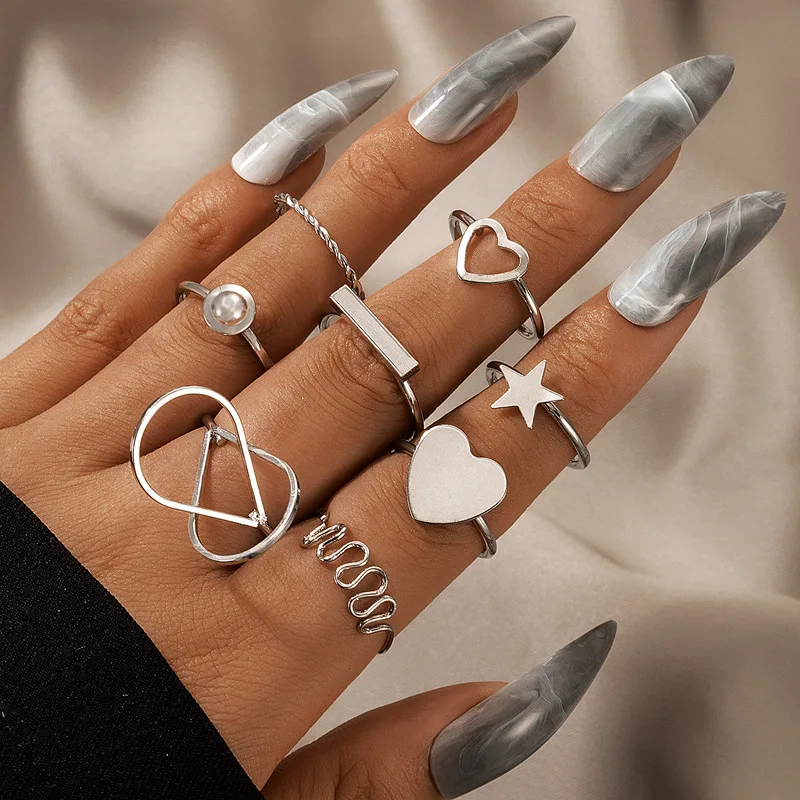 

HI MAN 8 Pcs/Set Stars Hearts Geometric Stars Waves Hollow Water Drop Rings Women Creative Personality Jewelry Gifts