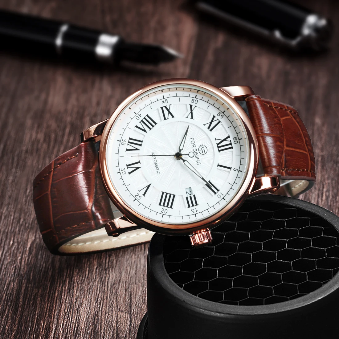 FORSINING Casual Watches for Men Fashion Simple Automatic Mechanical Leather Strap Auto Date Classic Dress Wristwatches | Наручные часы