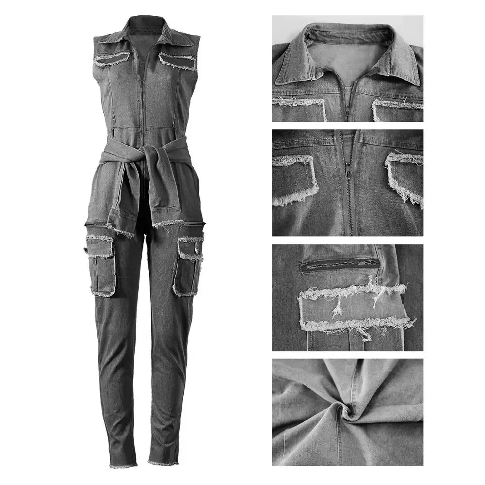 Летний сексуальный женский джинсовый комбинезон большого размера без рукавов на
