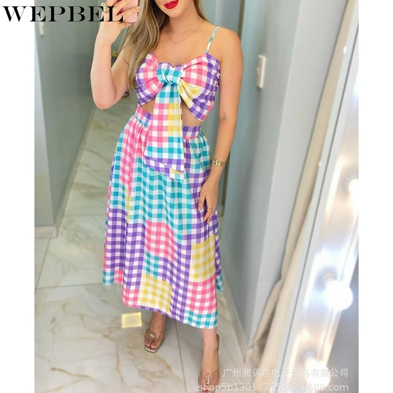 

WEPBEL Women's Casual Plaid Printed Slim Suit Summer Sexy V-neck Backless Spaghetti Strap Top + High Waist Loose Skirt Suit