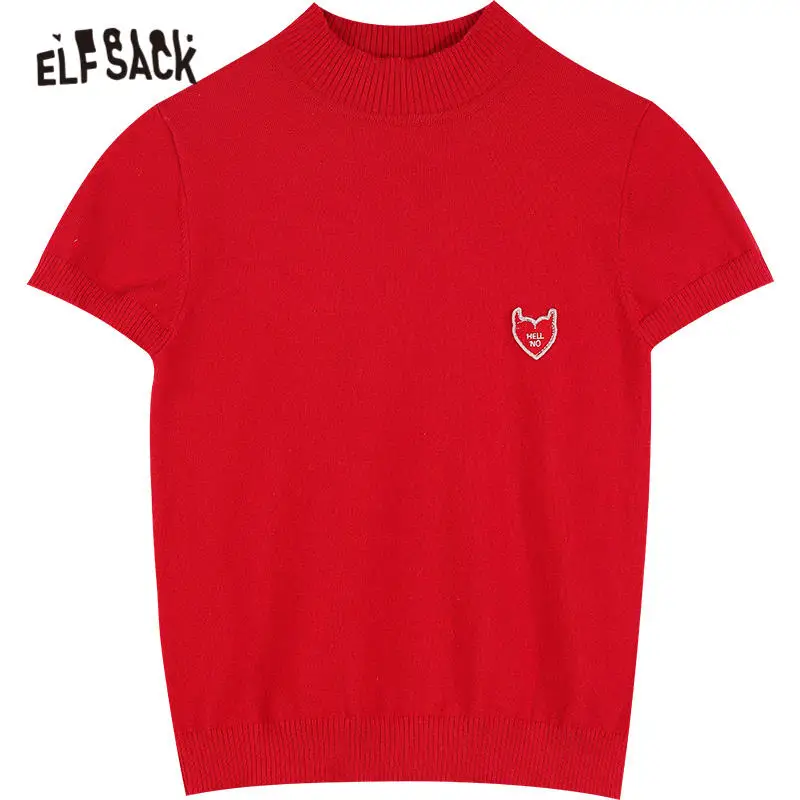 

ELFSACK Harajuku Love Eembroidery Casual Knit T-Shirt Women 2021 Spring ELF Stylish Short Sleeve Basic Female Daily Tops