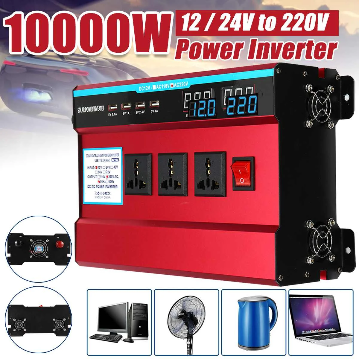 

12V/24V 10000W Car Solar Power 4 USB Port Inverter Voltage Transformer Power Converter Modified Sine Wave Car Home Inverter
