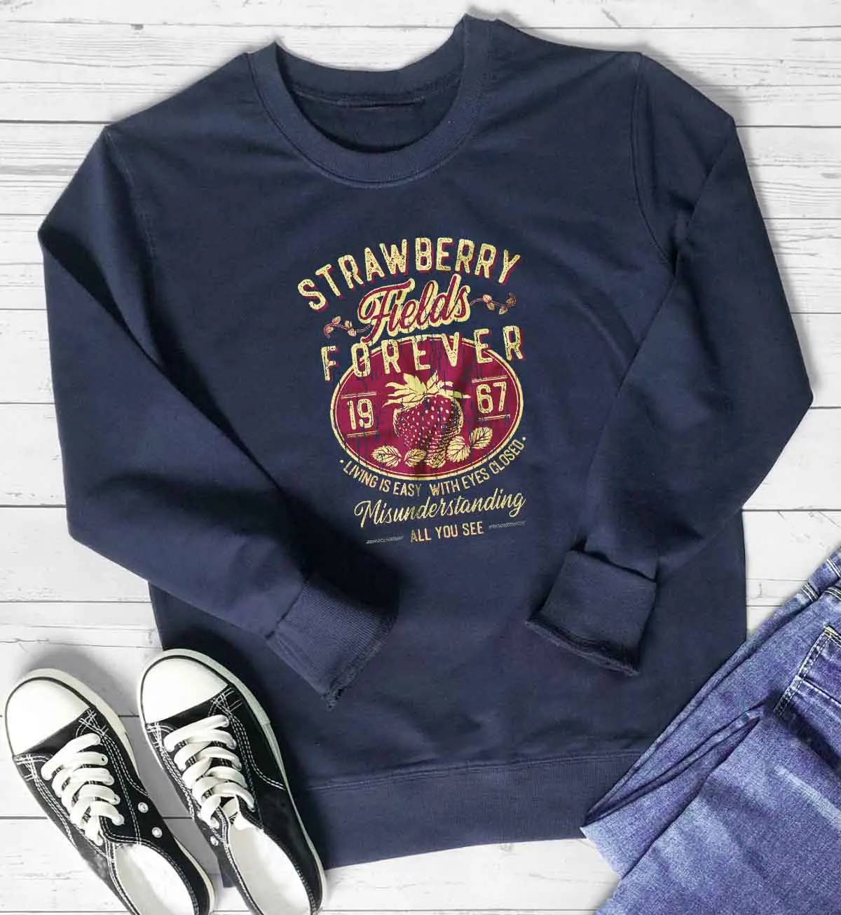 

Strawberry Fields Forever sweatshirt cotton casual hipster graphic vintage pure cotton casual vintage pullovers youngs tops