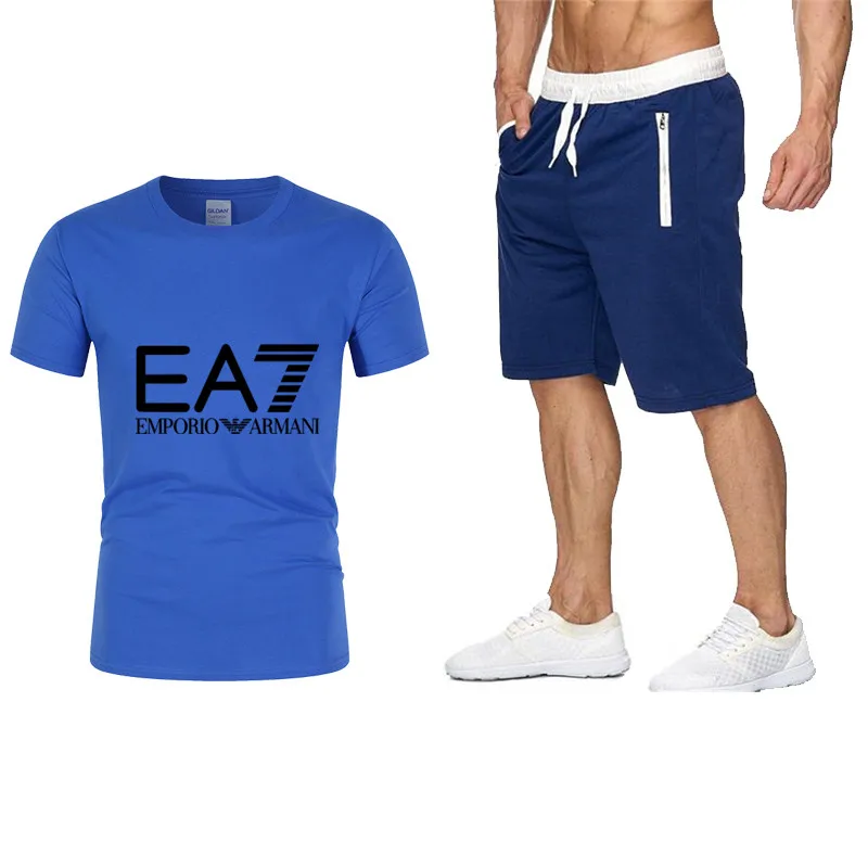 

Men Tracksuits 2021 Summer Short Sleeve Tee shirt+Shorts Set Casaul Slim Fit Sporting Suit Mens Masculino Two Pieces Sets Hombre