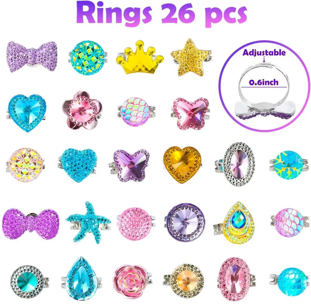 

62pcs Mermaid Princess Pretend Jewelry Toy Girl Jewelry Dress Up Set Handbag Necklaces Diamond Rings Earrings Bracelets for Girl