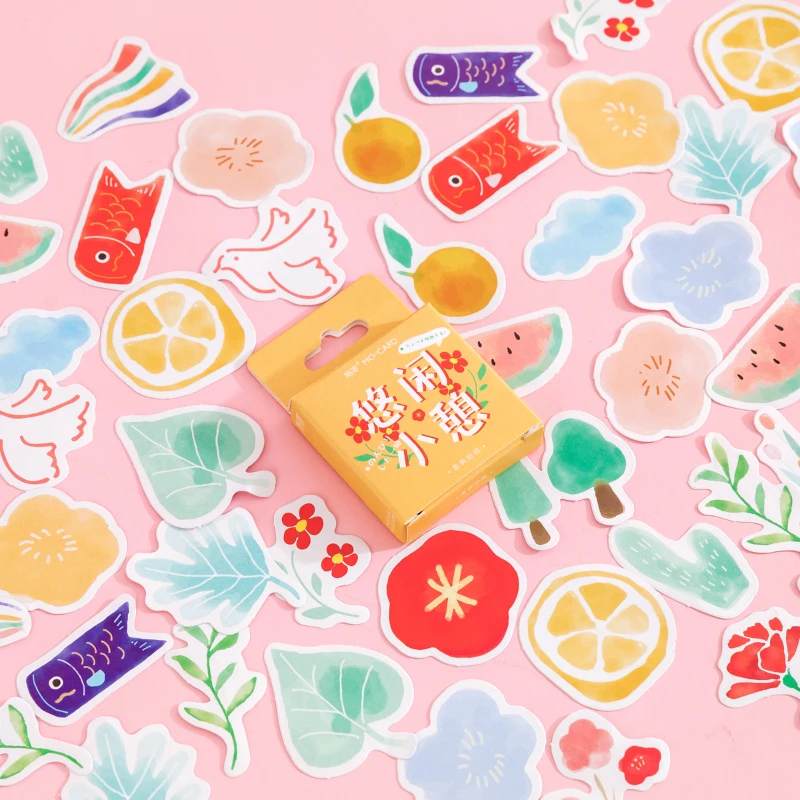 

46 Pcs/box Cartoon Carp Flag And Plant Stickers Cute Graffiti Style Sticker Decorative Diary Scrapbook Photo Album DIY Wall Room