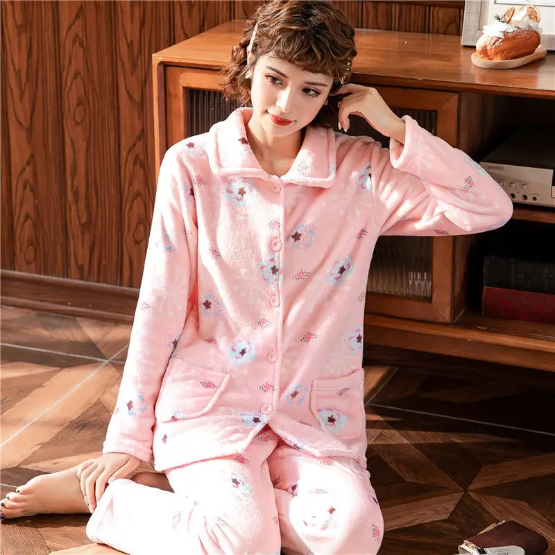 Новый 2020 осень-зима пижамный комплект для женщин одежда сна теплые фланелевые