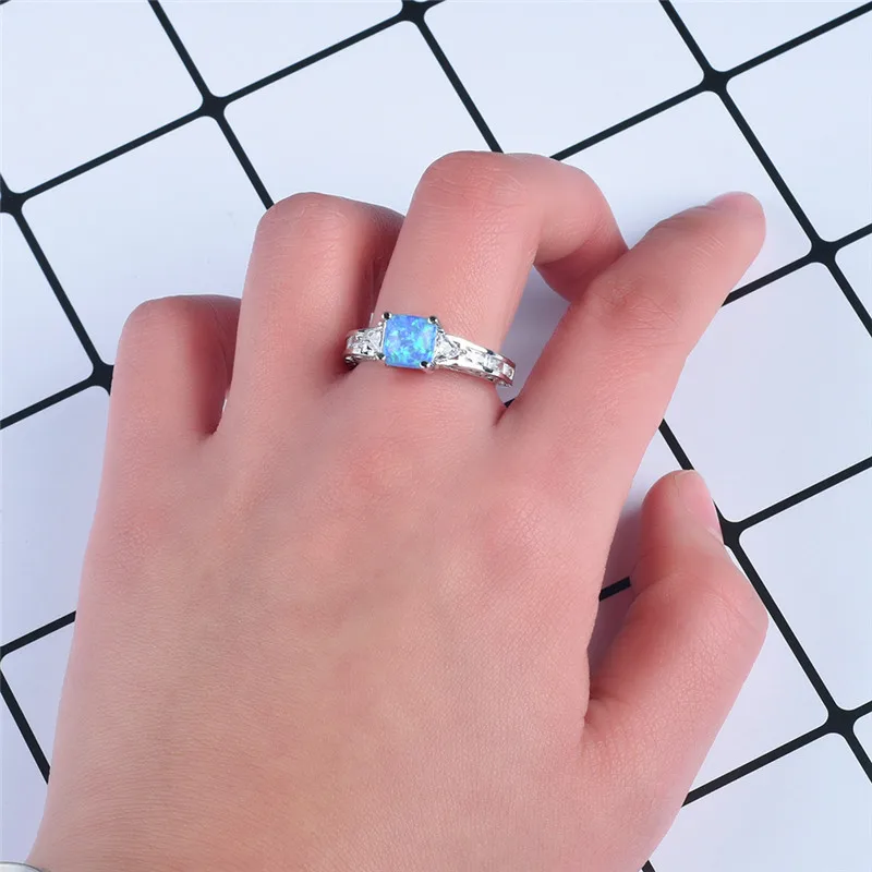 

Vintage Female Blue White Opal Jewelry Dainty Silver Color Crystal Wedding Rings For Women Trendy Bridal Square Engagement Ring