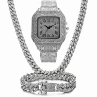 iced out watch bling miami cuban link chain iced out chain necklace bracelet luxury hip hop gold watch men jewelry set relogio