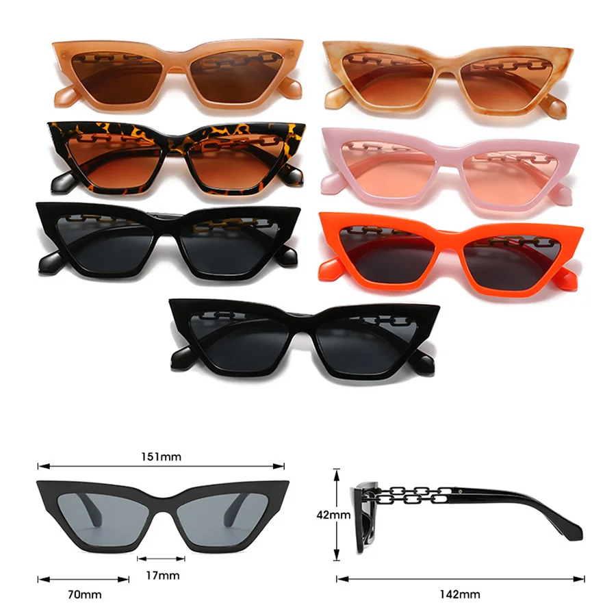 

2021 Sexy Chain Cat Eye Sunglasses Women Fashion New Small Plastic Candy Color Glasses Brand Designer Street Oculos De Sol UV400