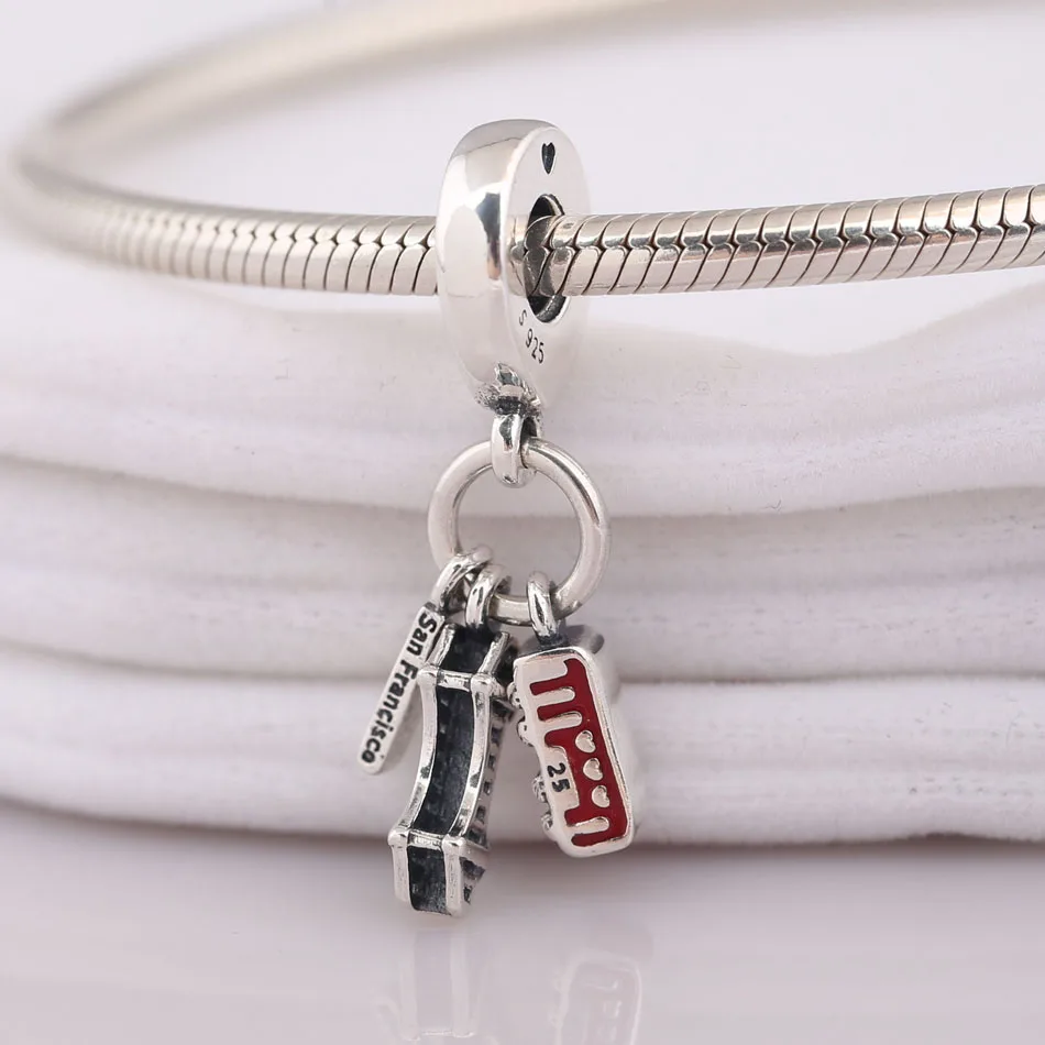 

S925 Silver DIY Jewelry San Francisco Highlights Dangle Charm fit Pandora Bracelet Bangle Red Enamel