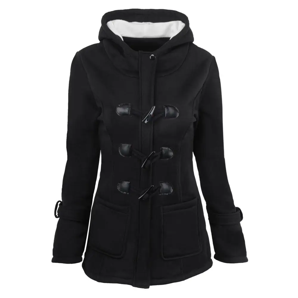Women's Ox Horn Button Coat 2020 Autumn New Thicken Cotton Blended Hooded Jacket