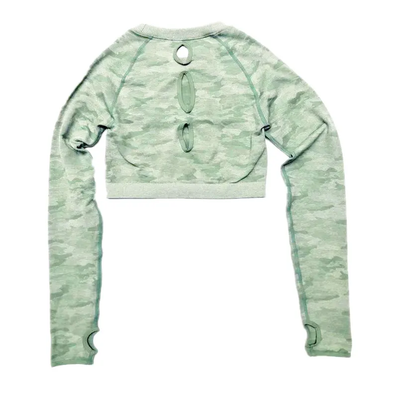 Green Top Камуфляжный комплект из 2 предметов, женский спортивный костюм, набор для йоги, одежда для тренировок, длинный рукав, фитнес-укороченный топ, высокая талия, бесшовные камуфляжные леггинсы - Цвет: Green Top