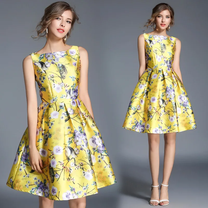 

S-2XL Women's Sleeveless One-line Collar Gold Print Ruffled Temperament Skirt 2021 Spring/summer New Casual Sleeveless Dress