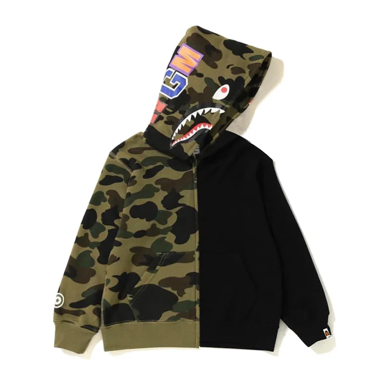 

Japanese streetwear spring and autumn shark head children's clothing plus velvet BAPE children's zipper jacket