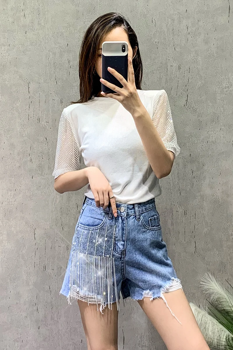 

Casual Fashion Women Diamond Tassel Blue Denim Shorts for Lady Summer 2021 New High Waist Loose A- Line Pants